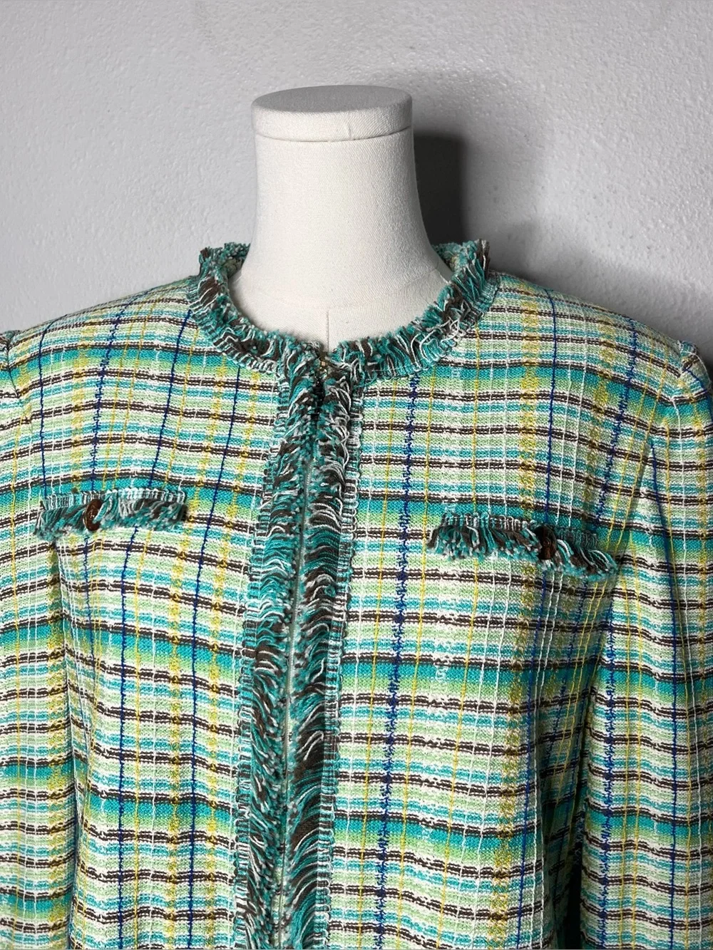 St John Green Plaid Tweed Novelty Knit Zip Up Cardigan Jacket - Picture 4 of 7